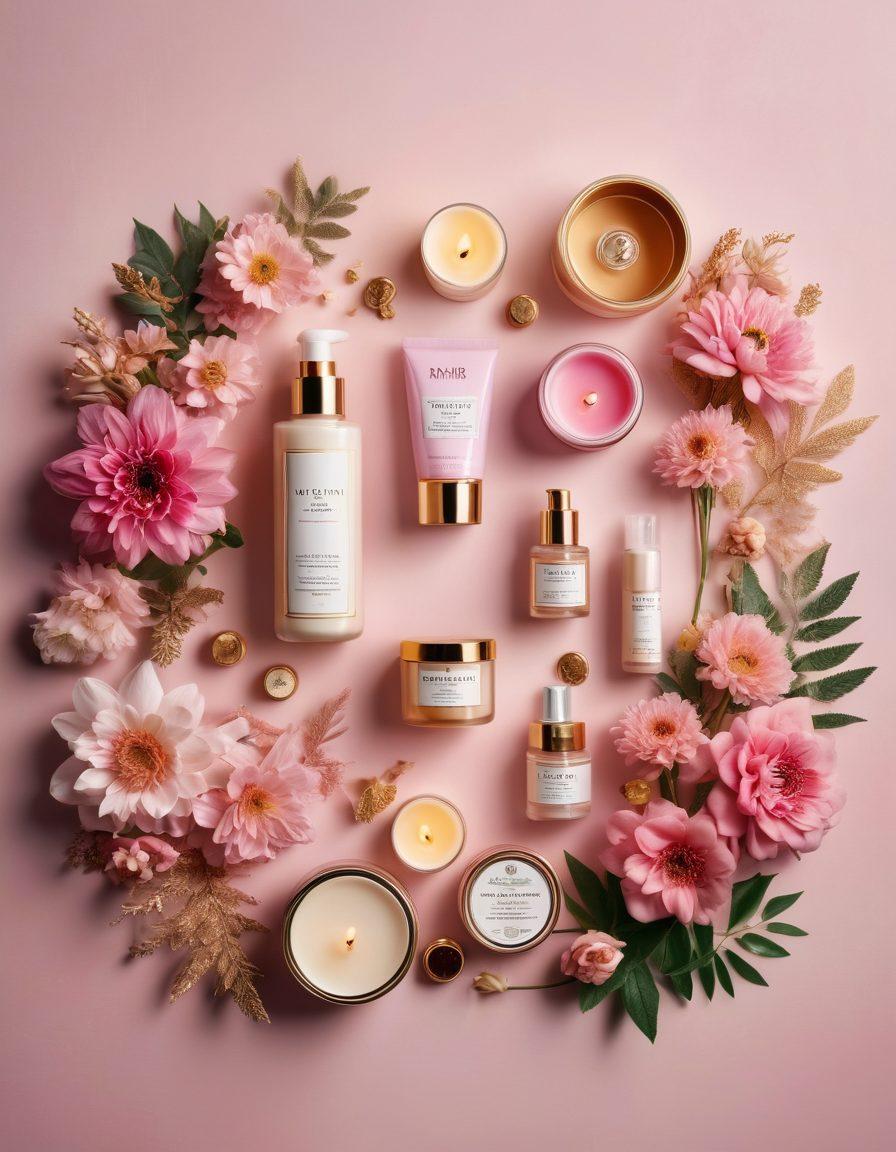 A beautifully arranged flat lay of intimate wellness products, including luxurious lotions and elegant novelties, surrounded by soft pink and gold accents. Incorporate delicate floral elements and calming candles to create an inviting atmosphere. The background should be a soft pastel gradient that enhances the sensuality of the scene. super-realistic. vibrant colors. soft focus.