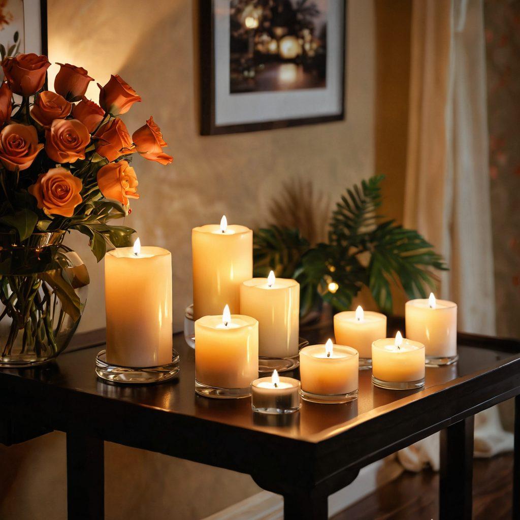 A beautifully arranged intimate setting featuring a variety of unique and customizable intimacy products, such as soft fabrics, elegant candles, and exotic decorations. The scene should evoke a sense of warmth and allure, with focus on a modern and tasteful design that highlights the products attractively. Subtle lighting enhances the sensual ambiance, inviting imagination and exploration. Include hints of nature with flowers or plants to add a touch of elegance. super-realistic. warm colors. soft focus.